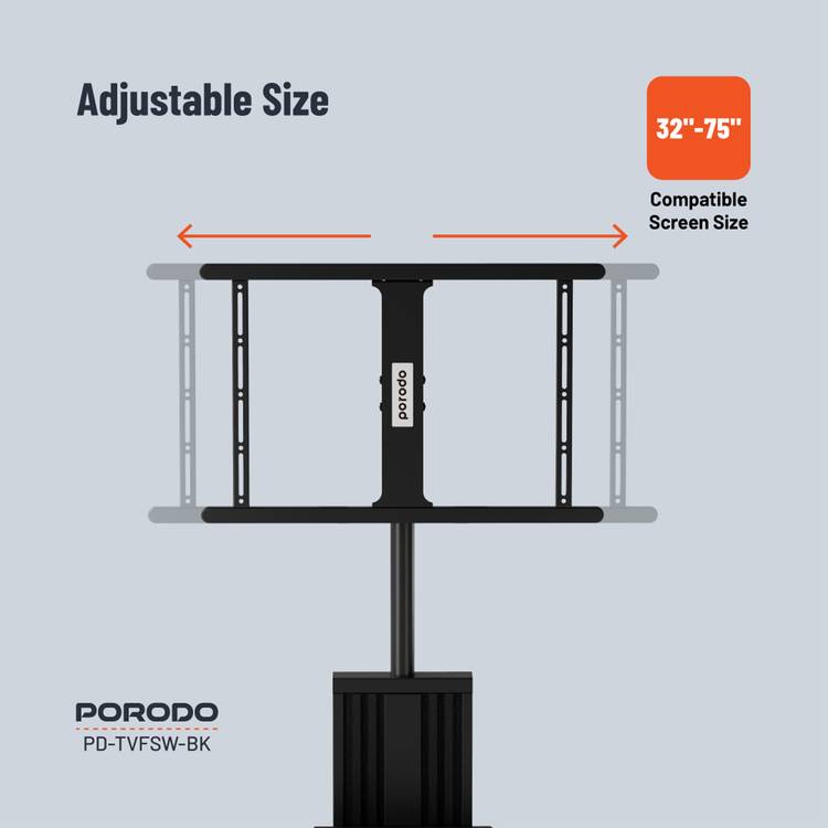 Porodo Mobile TV Stand with Wheels, Dynamic Swivel & Tilt, Durable Material, Tray Storage, VESA Compatible, Adjustable Height, Compatible with 32" - 75" Screen, Compatible with Panasonic, Samsung, Sony, LG - Black