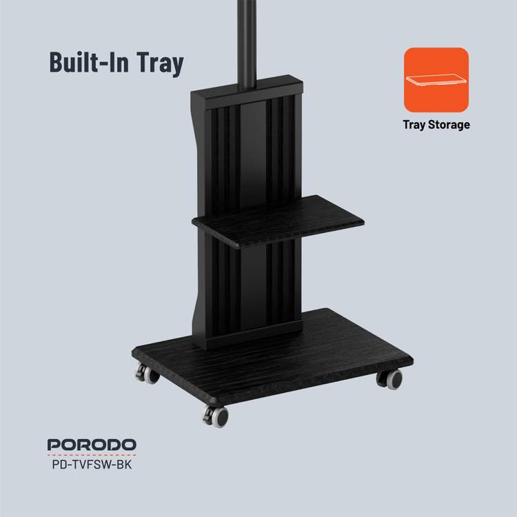 Porodo Mobile TV Stand with Wheels, Dynamic Swivel & Tilt, Durable Material, Tray Storage, VESA Compatible, Adjustable Height, Compatible with 32" - 75" Screen, Compatible with Panasonic, Samsung, Sony, LG - Black