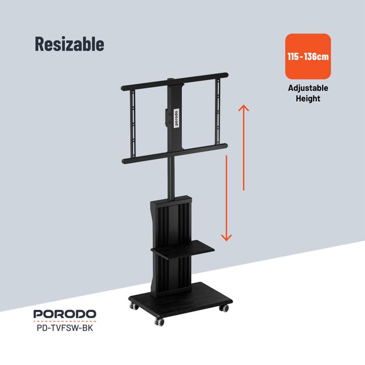 Porodo Mobile TV Stand with Wheels, Dynamic Swivel & Tilt, Durable Material, Tray Storage, VESA Compatible, Adjustable Height, Compatible with 32" - 75" Screen, Compatible with Panasonic, Samsung, Sony, LG - Black