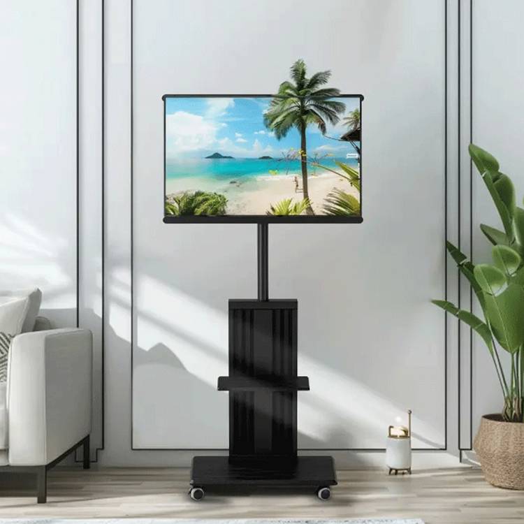 Porodo Mobile TV Stand with Wheels, Dynamic Swivel & Tilt, Durable Material, Tray Storage, VESA Compatible, Adjustable Height, Compatible with 32" - 75" Screen, Compatible with Panasonic, Samsung, Sony, LG - Black