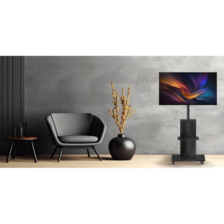 Porodo Mobile TV Stand with Wheels, Dynamic Swivel & Tilt, Durable Material, Tray Storage, VESA Compatible, Adjustable Height, Compatible with 32" - 75" Screen, Compatible with Panasonic, Samsung, Sony, LG - Black