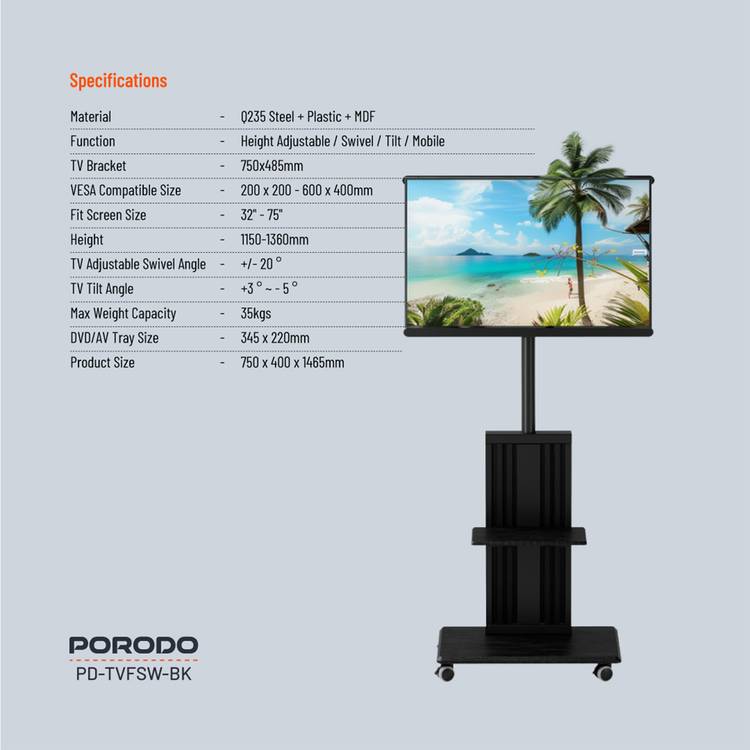 Porodo Mobile TV Stand with Wheels, Dynamic Swivel & Tilt, Durable Material, Tray Storage, VESA Compatible, Adjustable Height, Compatible with 32" - 75" Screen, Compatible with Panasonic, Samsung, Sony, LG - Black