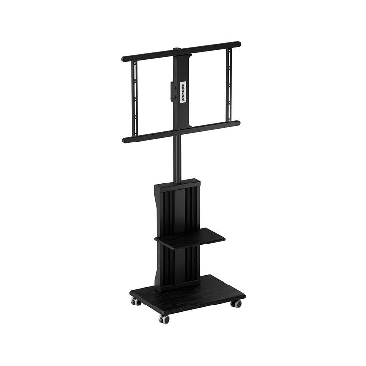 Porodo Mobile TV Stand with Wheels, Dynamic Swivel & Tilt, Durable Material, Tray Storage, VESA Compatible, Adjustable Height, Compatible with 32" - 75" Screen, Compatible with Panasonic, Samsung, Sony, LG - Black