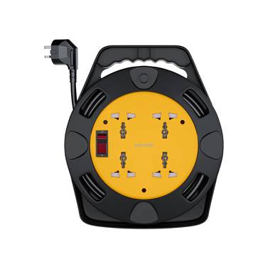Porodo 4 AC Portable Power Sockets Reel with Carrying Handle, 2500W Power, US, AU, EU, & UK Plug Compatibility, Easy Cable Winding, 10m Cable Length - Black