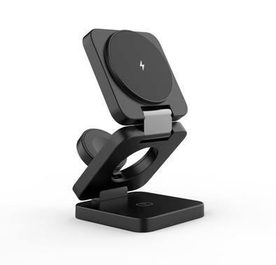 Porodo 3in1 Magsafe Wireless Foldable Fast Charger, Foldable Design, High Quality Materials, Compact & Portable - Black