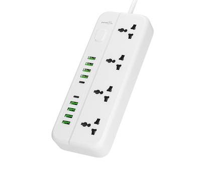 Porodo Blue Power Strip with 4 AC Sockets, Dual USB-C & 8 USB-A Ports, 3m Cable Length, 2000W AC Output, 3-Pin UK Plug, 10A Rated Current - White