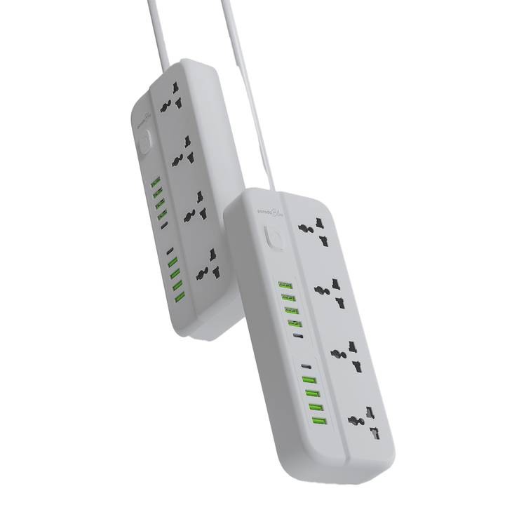 Porodo Blue 4 Universal AC Sockets Power Strip With 2 Type-C, 8 USB-A, 3m Cable Length, 10A Rated Current - White