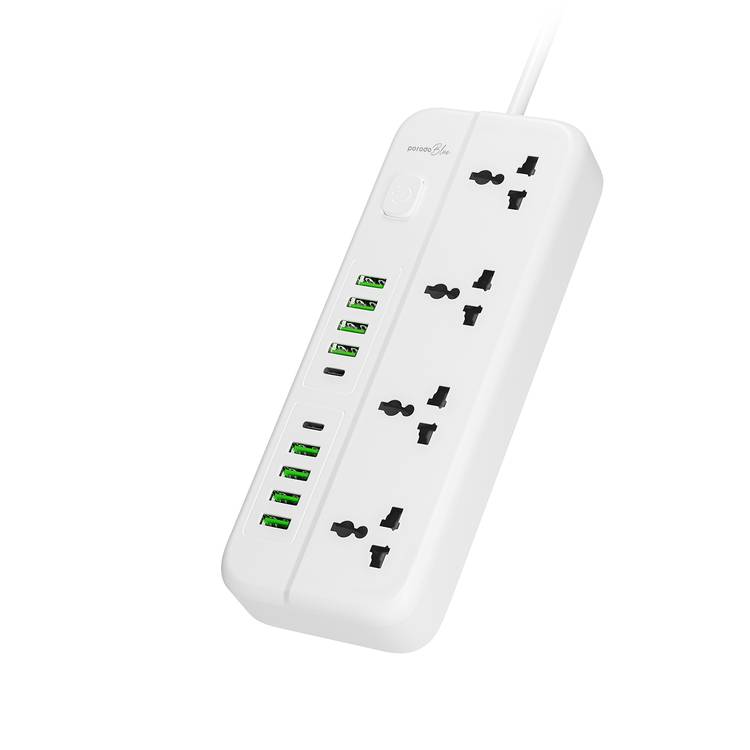 Porodo Blue 4 Universal AC Sockets Power Strip With 2 Type-C, 8 USB-A, 3m Cable Length, 10A Rated Current - White
