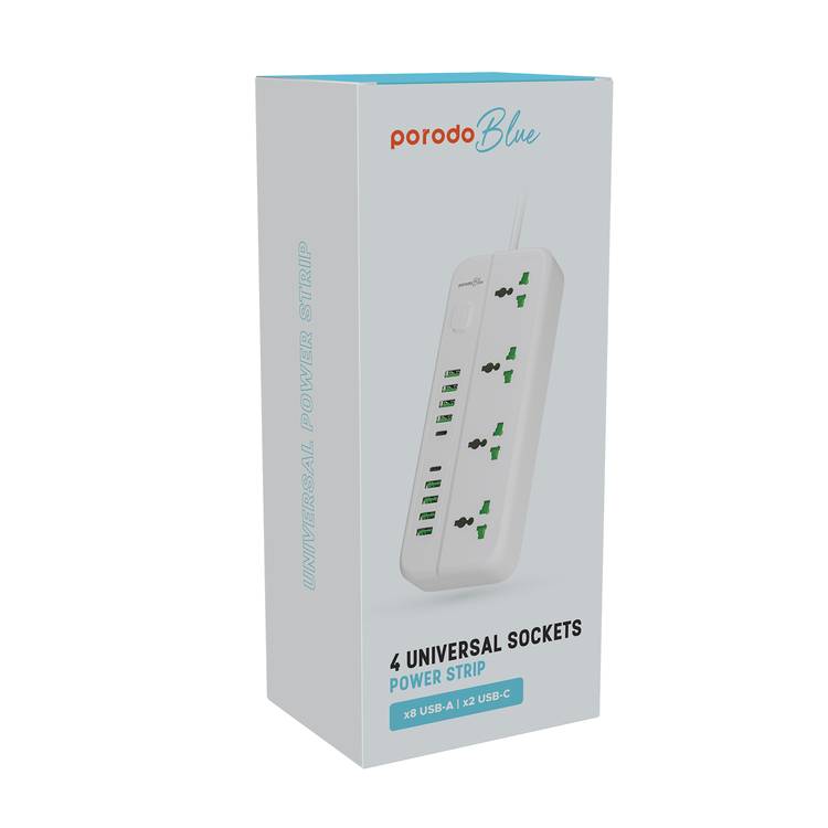 Porodo Blue 4 Universal AC Sockets Power Strip With 2 Type-C, 8 USB-A, 3m Cable Length, 10A Rated Current - White