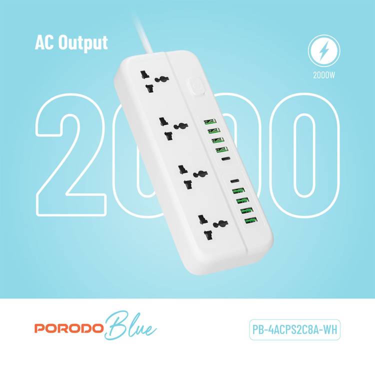 Porodo Blue 4 Universal AC Sockets Power Strip With 2 Type-C, 8 USB-A, 3m Cable Length, 10A Rated Current - White