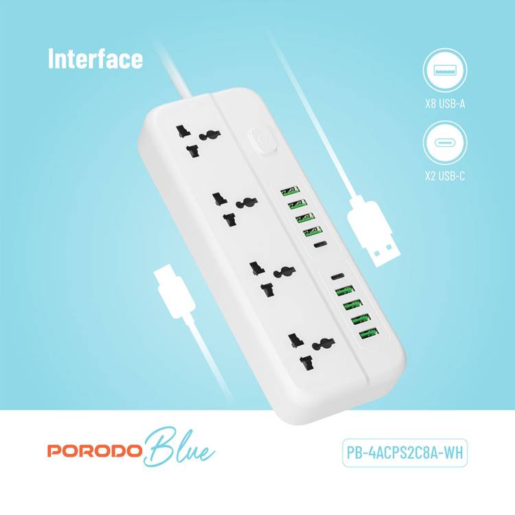 Porodo Blue 4 Universal AC Sockets Power Strip With 2 Type-C, 8 USB-A, 3m Cable Length, 10A Rated Current - White