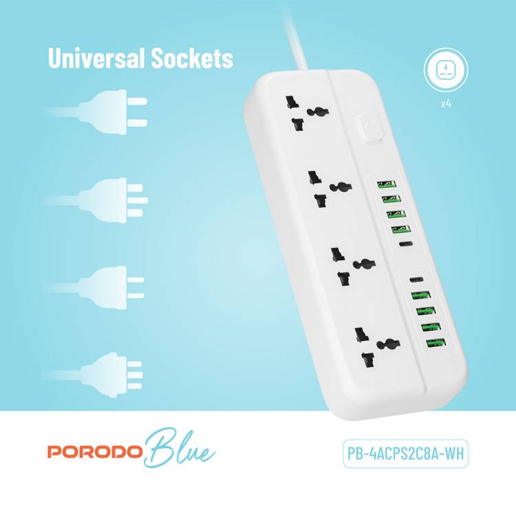 Porodo Blue 4 Universal AC Sockets Power Strip With 2 Type-C, 8 USB-A, 3m Cable Length, 10A Rated Current - White