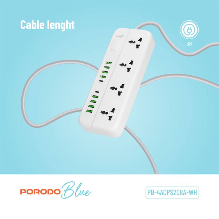 Porodo Blue 4 Universal AC Sockets Power Strip With 2 Type-C, 8 USB-A, 3m Cable Length, 10A Rated Current - White