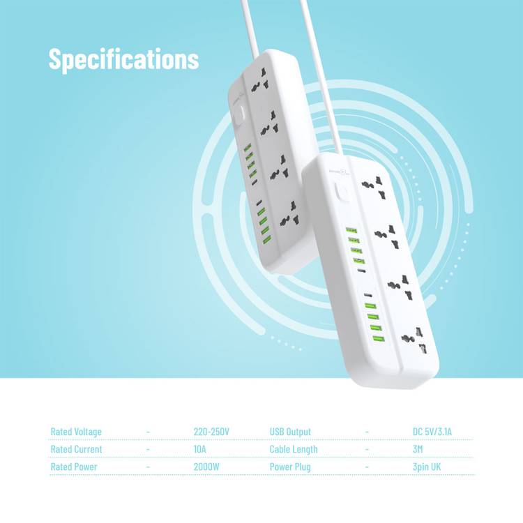 Porodo Blue 4 Universal AC Sockets Power Strip With 2 Type-C, 8 USB-A, 3m Cable Length, 10A Rated Current - White