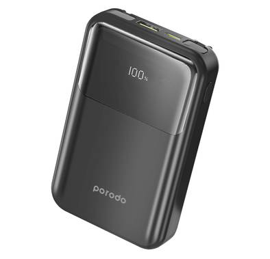Porodo Power Bank Built-In Removable Cables , Quick Charge & Compact, 10000 mAh - Black 