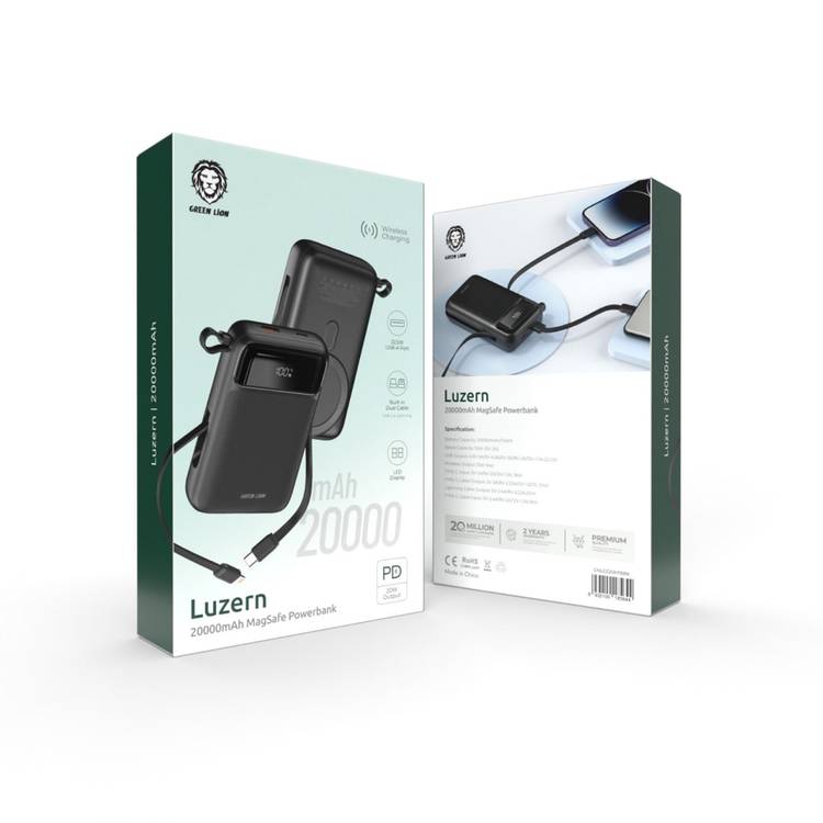 Green Lion Luzern 20000mAh MagSafe Power Bank, Lightweight, LED Display, Built-in Dual Cable USB-C & Lightning, 22.5W USB-A Port, 20W Power Delivery, Up to 15W Wireless Output - Black
