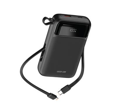 Green Lion Luzern 10000mAh MagSafe Power Bank, Lightweight, LED Display, Built-in Dual Cable USB-C & Lightning, 22.5W USB-A Port, 20W Power Delivery, Up to 15W Wireless Output - Black