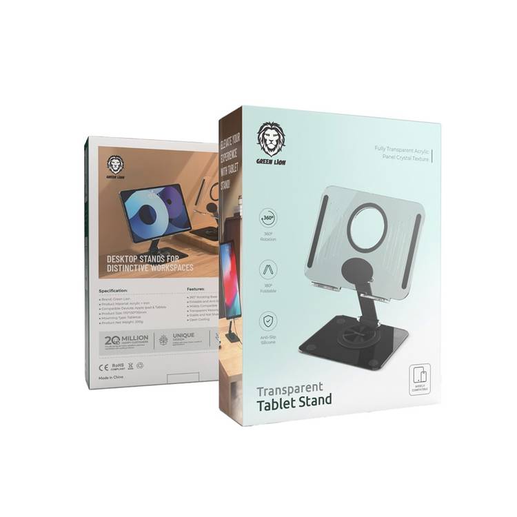 Green Lion Transparent Tablet Stand with 360° Rotating Base, 180° Foldable, Anti-Slip Silicone, 360° Rotating Base - Black