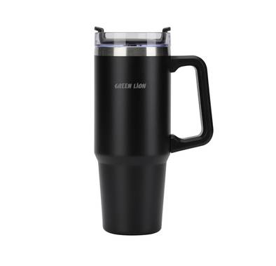 Green Lion Vacuum Travel Mug, 16 Hours Hot Retention & 24 Hours Cold Retention, Stainless Steel Material, Comfy & Portable Handle, Extra Wide Opening, Cup Holder Friendly - Black