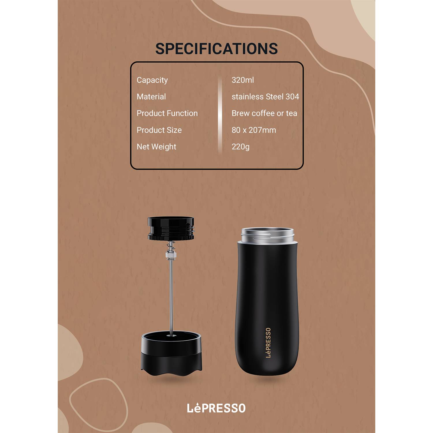 Lepresso Portable Mug French Press with 320mL Capacity, Designed for Brewing Coffee & Tea, Up to 8 Hours Cold Retention, Up to 12 Hours Hot Retention - Black