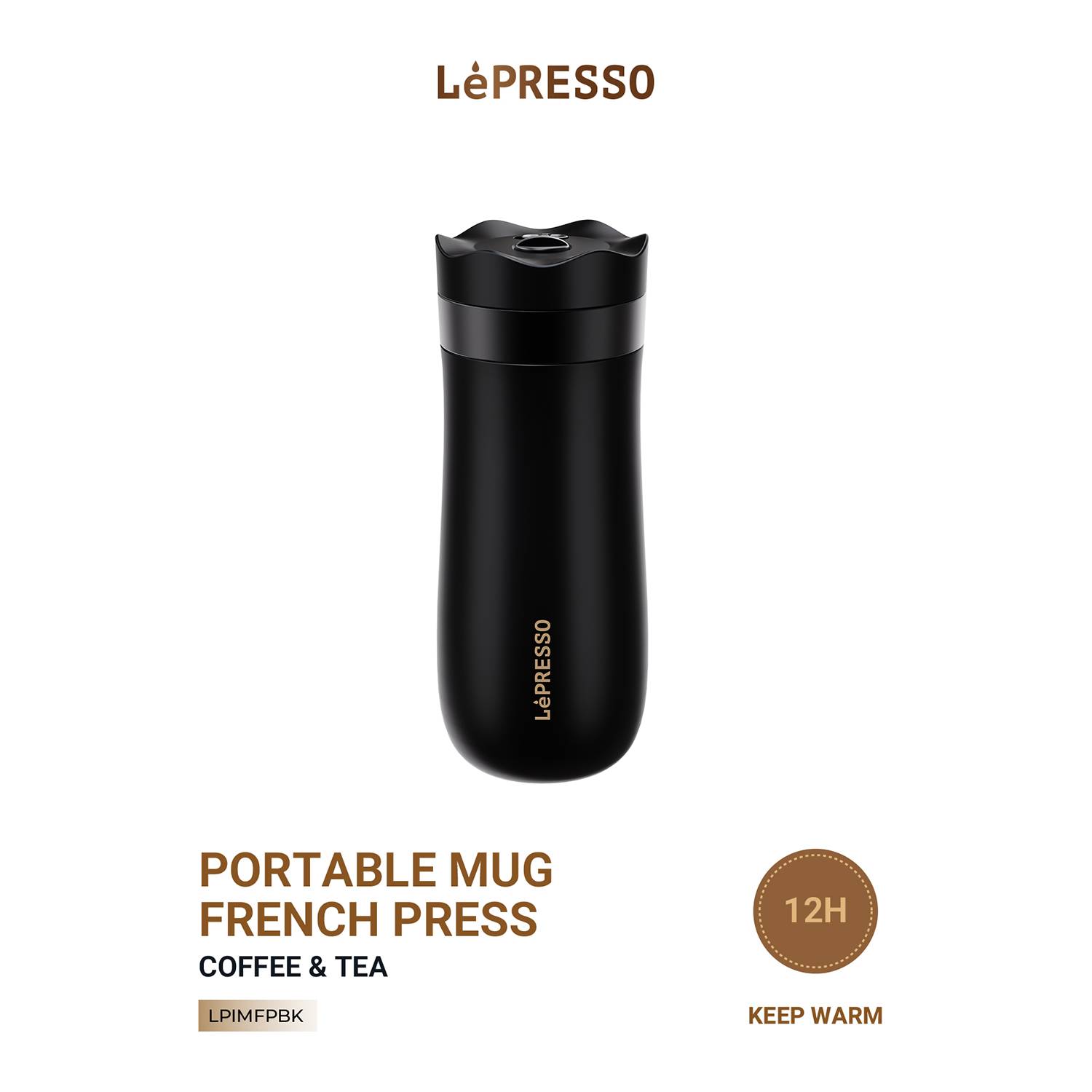 Lepresso Portable Mug French Press with 320mL Capacity, Designed for Brewing Coffee & Tea, Up to 8 Hours Cold Retention, Up to 12 Hours Hot Retention - Black