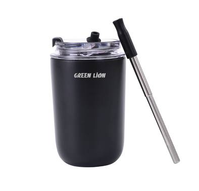 Green Lion Vacuum Travel Mug Lite, 280 mL Capacity, Keeping Hot for 6 Hours and Cold for 12 Hours, Food Grade Silicone Straw, Food Grade Stainless Steel Cup - Black