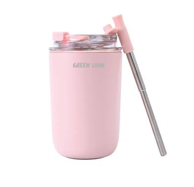 Green Lion Vacuum Travel Mug Lite, 280 mL Capacity, Keeping Hot for 6 Hours and Cold for 12 Hours, Food Grade Silicone Straw, Food Grade Stainless Steel Cup - Pink