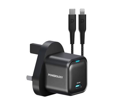 Powerology Ultra-Compact GaN Charger with USB-C to Lightning Braided Cable, 20W Power Delivery, Lightweight & Compact Design - Black