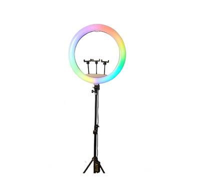 Green Lion RGB Ring Light with Remote Control, 22 Inches, Stepless Dimming, Adjustable Tripod, 360° Rotation, Endless Light Gear, 2.1m Tripod Height, UK Plug Adapter - Black
