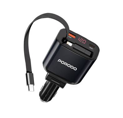 Porodo Dual Port & Connector Car Charger with Retractable Cable, 105W Total Output Power, Simultaneous Charging, USB-A & USB-C Ports, Type-C & Lightning Connectors, 80cm Cable Length, Digital Display, 27W Lightning Adapter, Universal Compatibility - Black