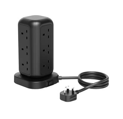 Powerology GaN Tower Hub with 12 AC Sockets, Dual USB-A & Dual USB-C Ports, MagSafe Compatible, 3250W Rated Power, 3m Cable Length, Fire-Proof Material, Surge Protection, Fast Charge 20W Power Delivery - Black