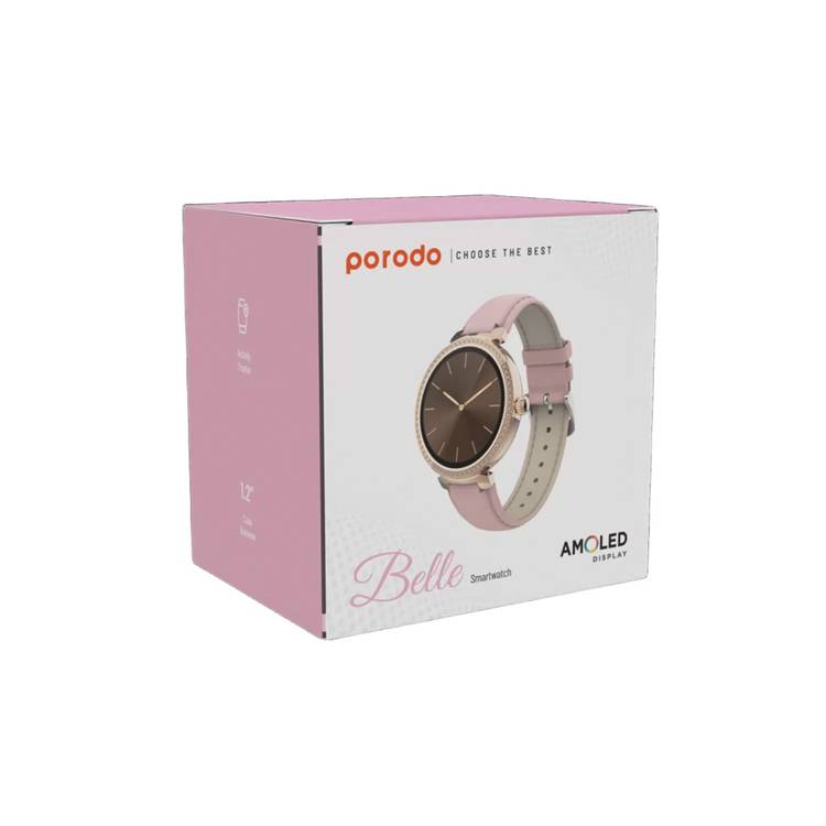 Porodo Belle Lady Smart Watch Rose Gold Dial, Bluetooth V5.4, Zinc Alloy + ABS Material, 1.19" Screen Size, AMOLED Display, Activity Tracker - Pink