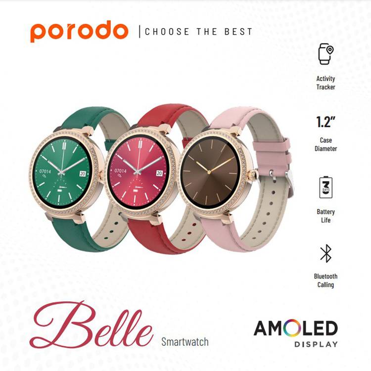 Porodo Belle Lady Smart Watch Rose Gold Dial, Bluetooth V5.4, Zinc Alloy + ABS Material, 1.19" Screen Size, AMOLED Display, Activity Tracker - Pink