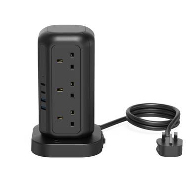 Powerology 35W Socket Tower with 15W Wireless Charger, 3M Cable, Multi-protection, 3250W Rated Power- Black
