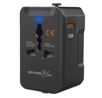 Porodo Blue Dual Port 20W Power Delivery and 18W Quick Charge Universal Wall Charger with US/AU/EU/UK Plugs, Built-in Safeguards - Black