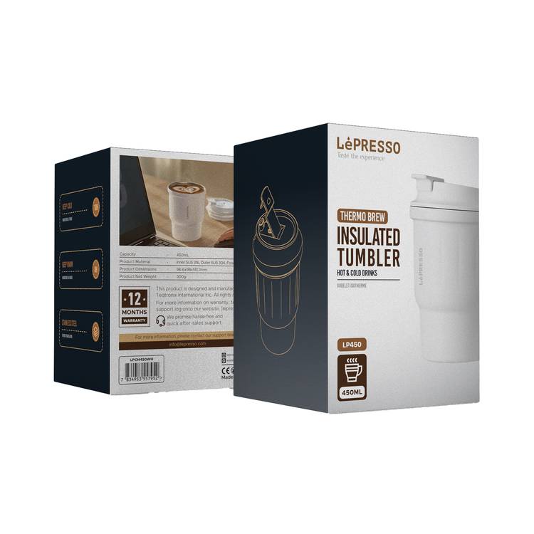 Lepresso Insulated Tumbler Hot & Cold Drinks, Portable, BPA Free, Travel Coffee Mug Stainless Steel for Home, Office & Outdoor Works, Keep Warm for 8 Hours - White