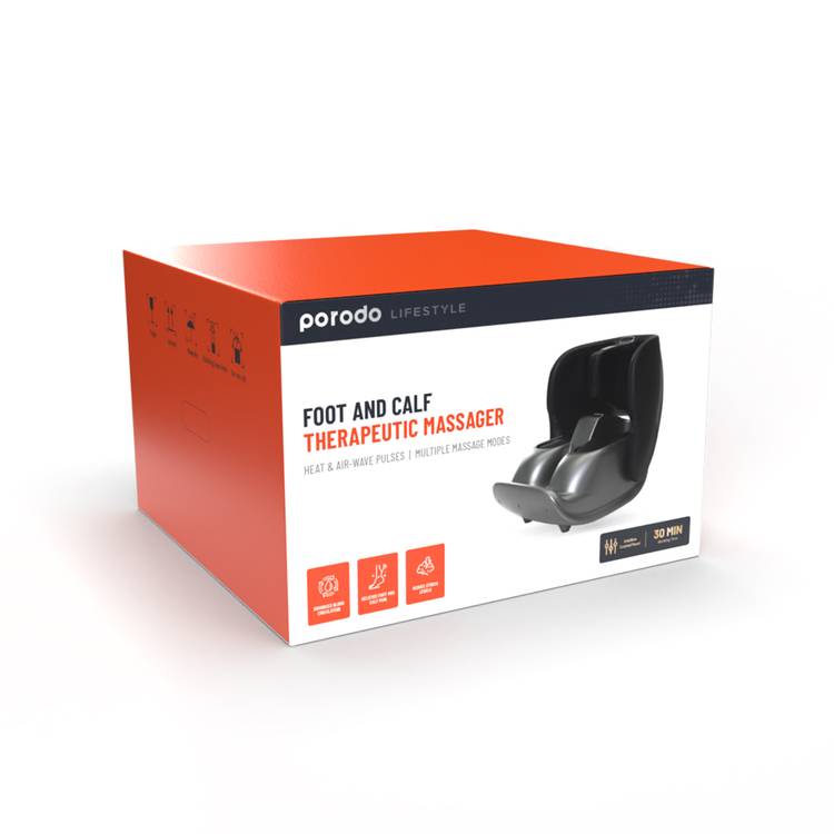 Porodo Lifestyle Foot & Calf Massager with Heat & Air-Wave Pulses, Multiple Massage Modes, 55W Rated Power, Multi-Directional, 3 Intensity Levels, Stress Reduction - Gray