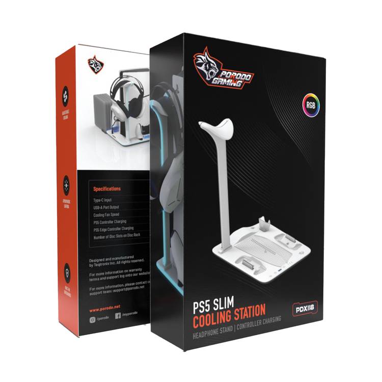 Porodo Gaming PS5 Slim Stand with Magnetic Charger, Built in Safeguards, 5 Disk Slots, Atmospheric Lighting, 4 Hours PS5 Controller Charging, Adjustable Cooling - White