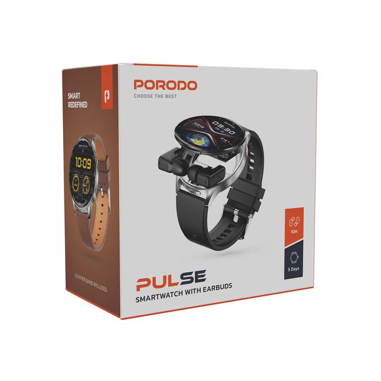 Porodo Pulse Smart Watch with Wireless Earbuds, Leather & Silicone Straps, Android 5.0 and iOS 10.0 and Above - Black