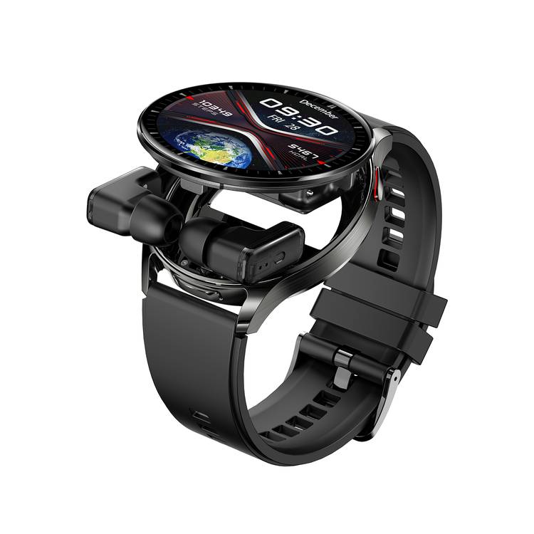 Porodo Pulse Smart Watch with Wireless Earbuds, Leather & Silicone Straps, Android 5.0 and iOS 10.0 and Above - Black