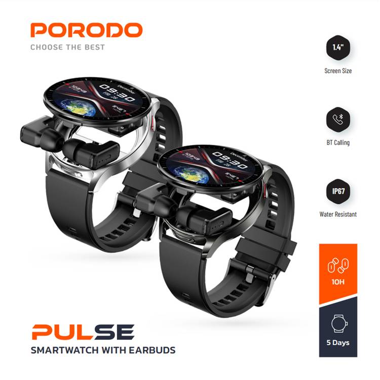 Porodo Pulse Smart Watch with Wireless Earbuds, Leather & Silicone Straps, Android 5.0 and iOS 10.0 and Above - Black