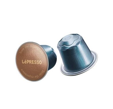 LePresso Aluminum Capsules for Nespresso with 11-Level Coffee Intensity, 70% Arabica 30% Robusta, Dark Chocolate & Earthy Aroma, Dark Roast Level, 10 Capsules Included - Blue