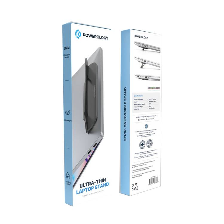 Powerology Foldable and Portable Laptop Stand, 3mm Ultra-Slim Design, Up to 15" Device Compatibility - Gray