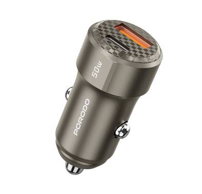 Porodo 50W Dual Port Car Charger, 20W Power Delivery, Simultaneous Fast Charging, 30W Quick Charge, Multi Protection, Carbon Fiber Print, Lightweight & Portable - Titanium