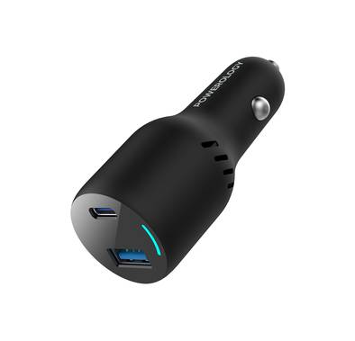 Powerology Dual Port Car Charger with 65W PD & QC3.0 18W, USB-A & USB-C Ports, PC & ABS Material, Built-in Safeguards, Fast Charging, Laptop Charger - Black