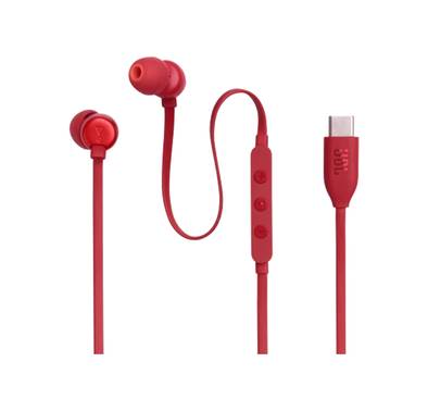 JBL T310C USB-C Wired Earphones, High Resolution Audio, Tangle-Free Flat Cable, Digital to Analog Converter, Compatible with PCs/Mobiles/Gaming Consoles, Pure Bass Sound - Red 