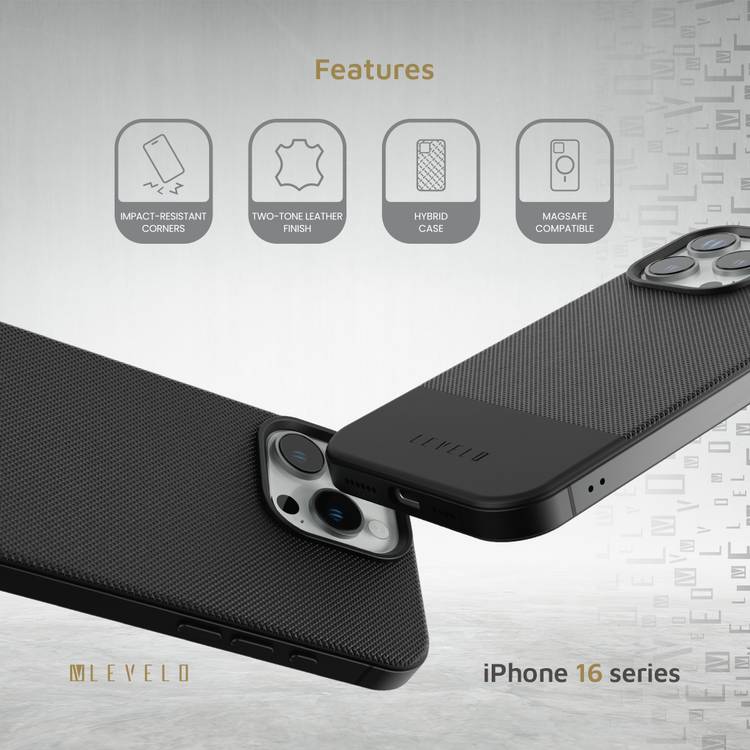 Levelo Cuir Two Tone Leather Case For iPhone 16 Pro Max, Durable, Compact Design, MagSafe Compatible, Hybrid Case, Impact-Resistant Corners , Aluminum Bumper Finish, High Quality Material - Black