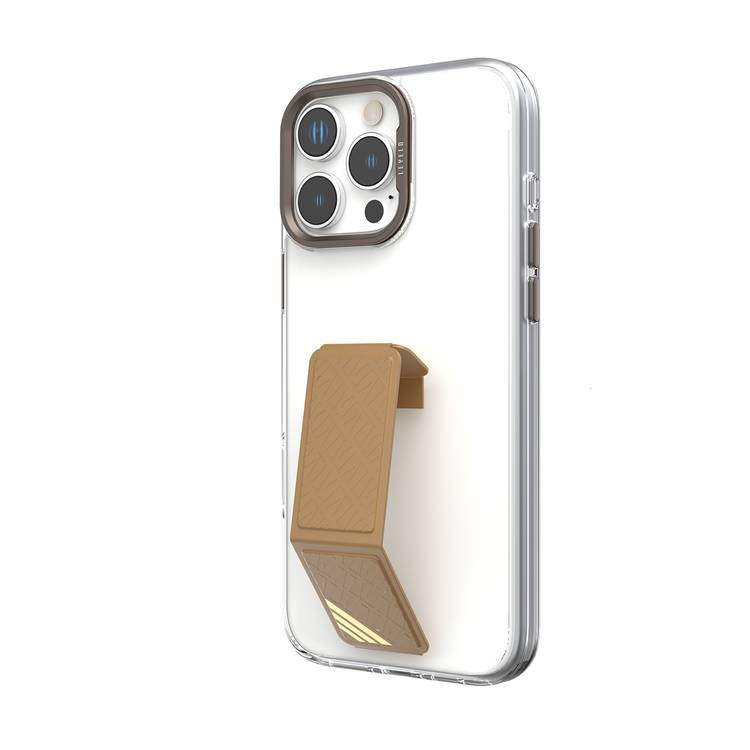 Levelo Morphix Clara Case for iPhone 16 Pro, Hybrid Material, Impact-Resistant Corners, Built-in Leather Grip, Metal Camera Ring - Rose Gold Titanium