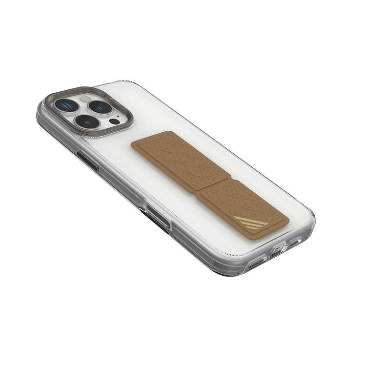 Levelo Morphix Clara Case for iPhone 16 Pro, Hybrid Material, Impact-Resistant Corners, Built-in Leather Grip, Metal Camera Ring - Rose Gold Titanium
