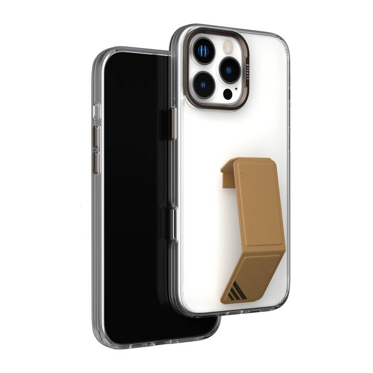 Levelo Morphix Clara Case for iPhone 16 Pro, Hybrid Material, Impact-Resistant Corners, Built-in Leather Grip, Metal Camera Ring - Rose Gold Titanium